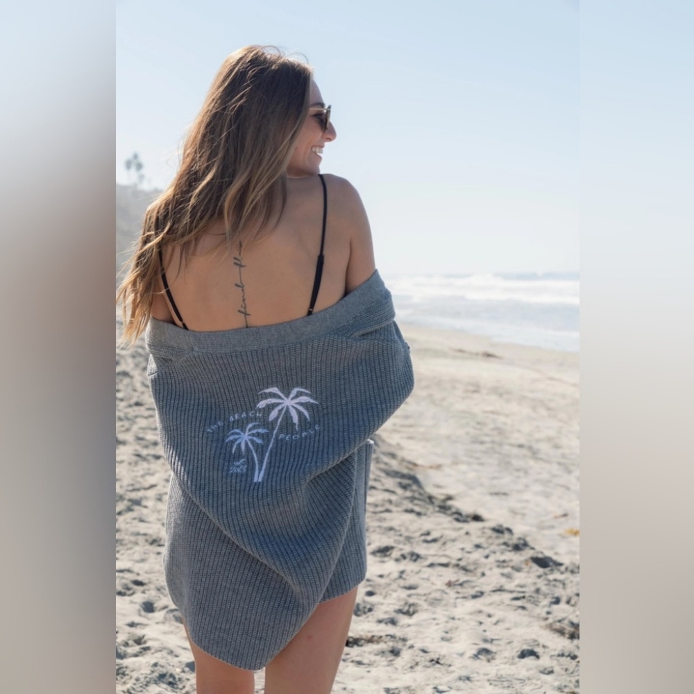 The Beach People Twin Palms Ribbed Knit Cardigan Grey Size Medium
